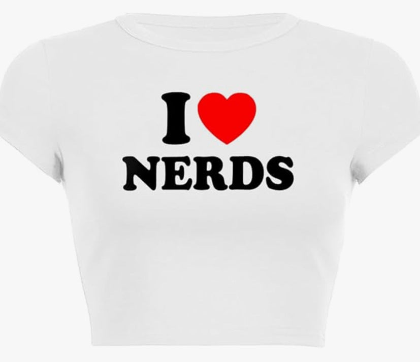 I Love Nerds Letter Print Midriff-baring Short Sleeve