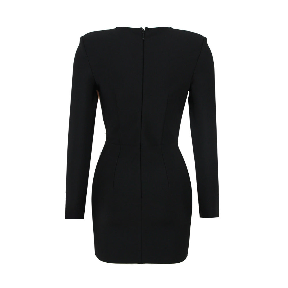 Autumn And Winter Graceful Fashion Rhinestones Tassel Women's V-neck Bandage One-piece Dress
