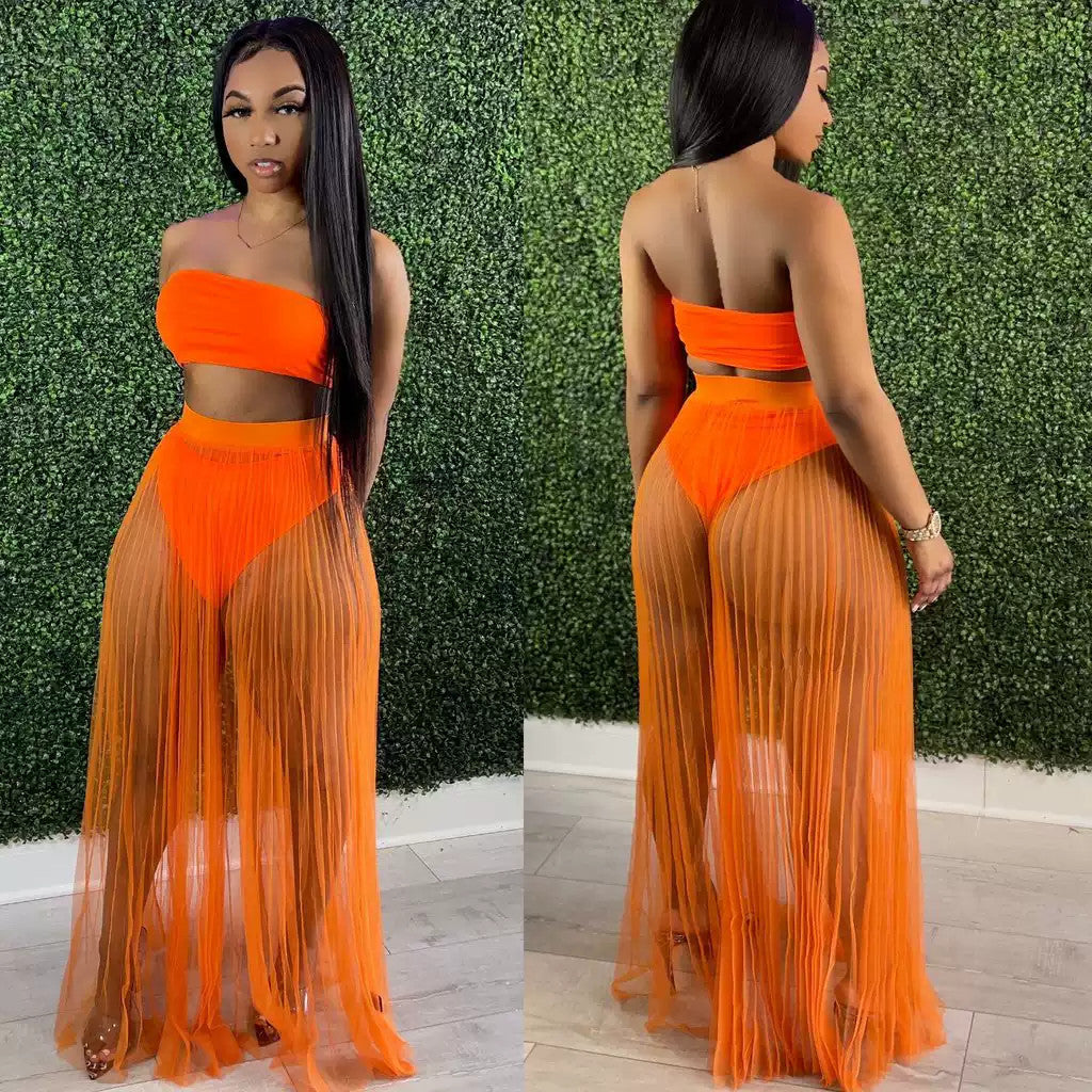 Fashion Women Mesh Pleated Skirt Three-piece Dress
