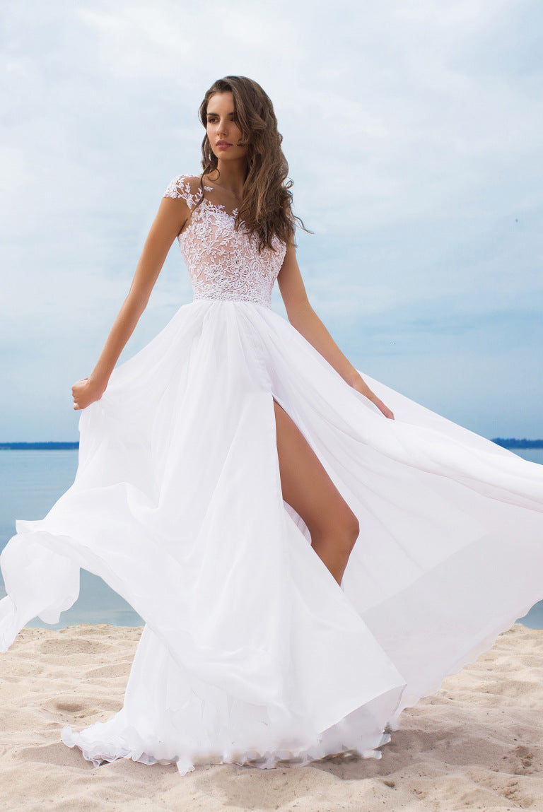 White Lace Chiffon Evening Dress with High Slit