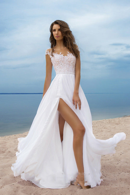 White Lace Chiffon Evening Dress with High Slit