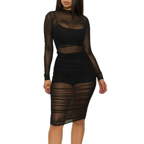 3PCs Sexy Mesh Hollow Bodycon Club Dress