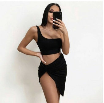 High Slit Irregular Pleated Skirt Tube Top One Shoulder