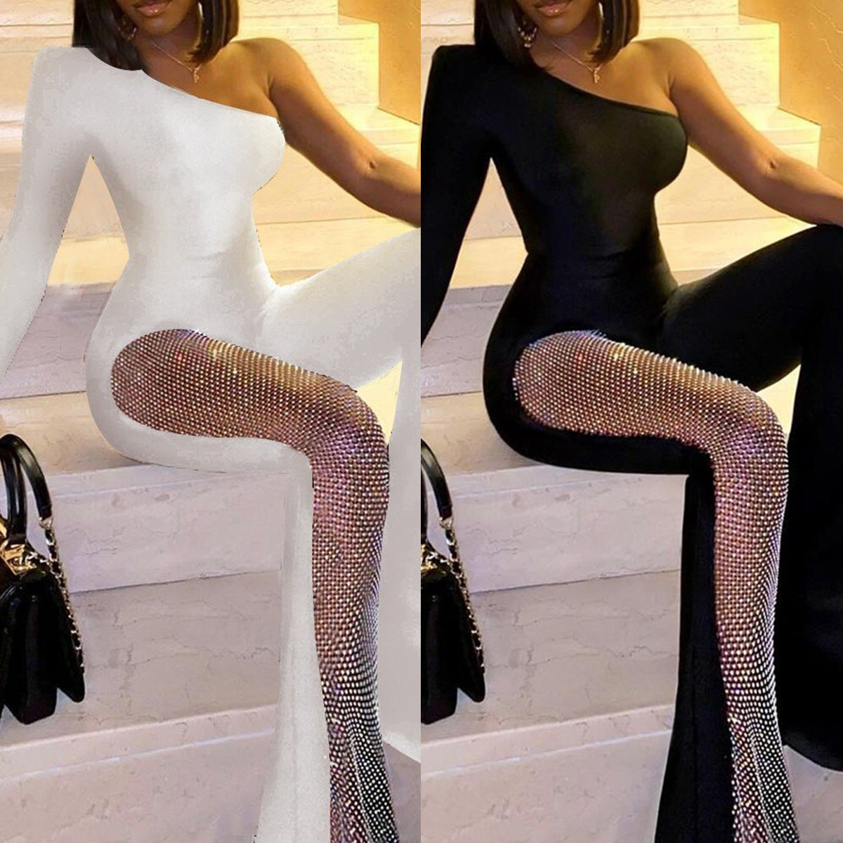 Sexy One Shoulder Diamond Net Waist Slim Fit Micro Flare Jumpsuit