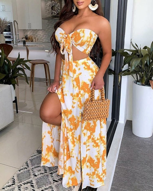 Sexy Bandeau Printed Crop Top and Long Skirt Two-piece Set