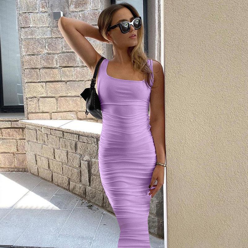 Women Solid Sleeveless Ruched Bodycon Dress