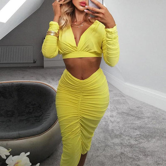 Yellow two-piece suit pleated long sleeve dress Women high