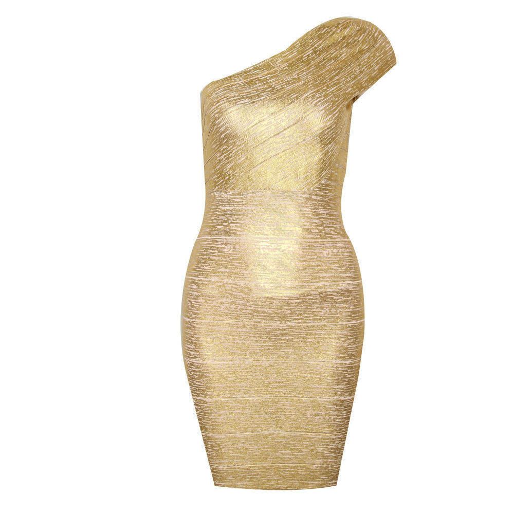 Bronzing Off-shoulder Evening Dress Bandage One-piece Dress