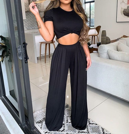 O-neck Crop Top and Wide-leg Pants Two-piece