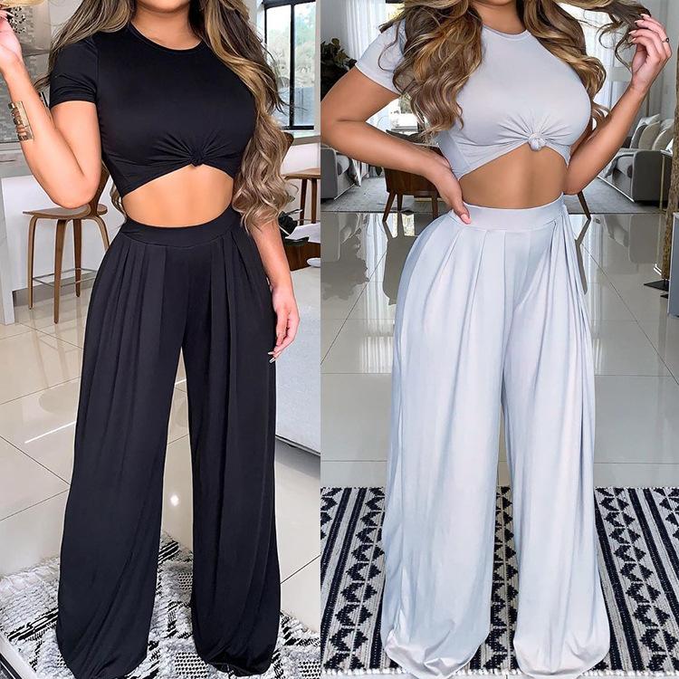 O-neck Crop Top and Wide-leg Pants Two-piece