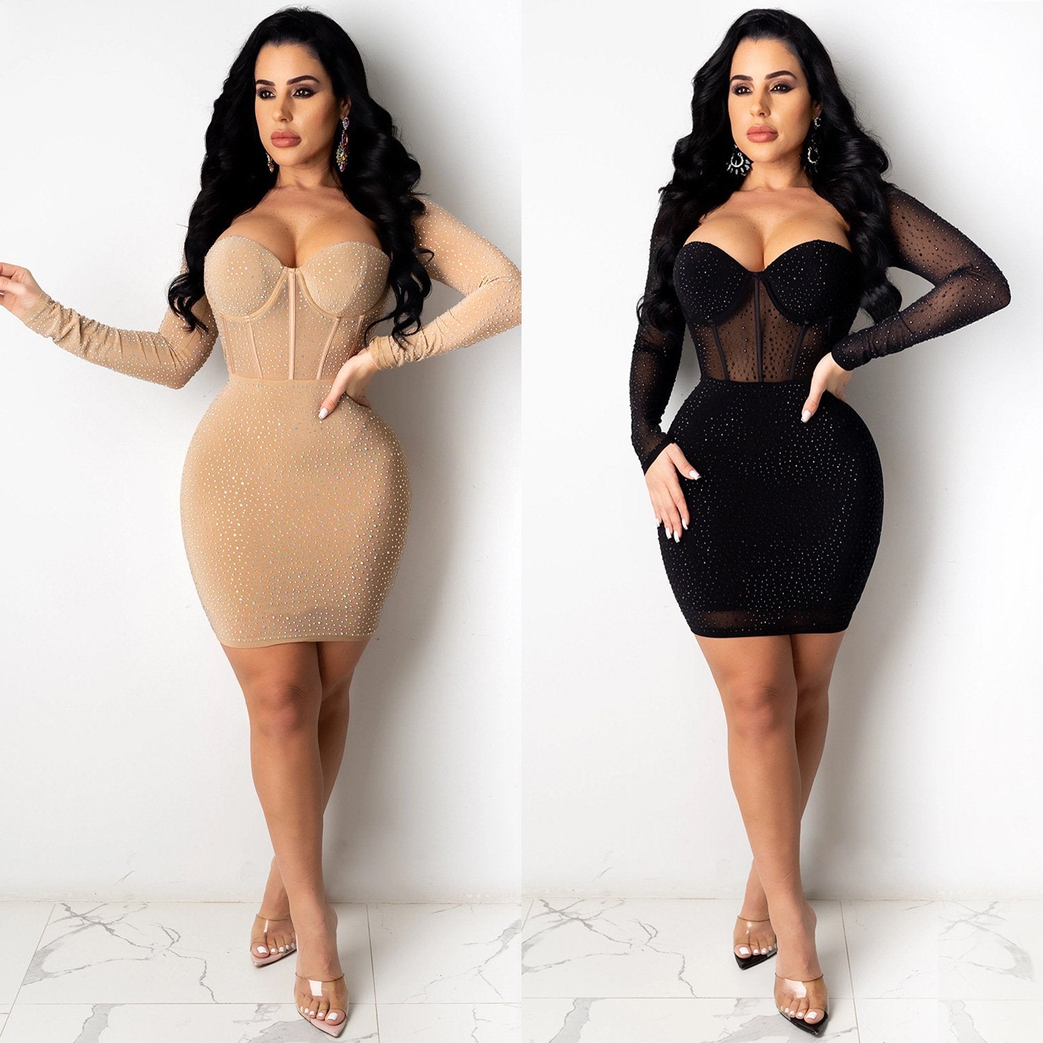 Women's Sexy Studded Hollow Out High Neck Bodycon Mini Club Dress