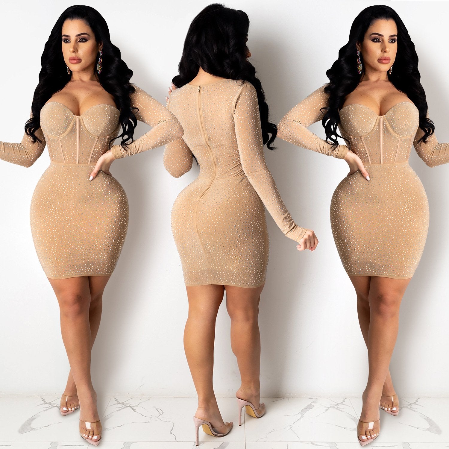 Women's Sexy Studded Hollow Out High Neck Bodycon Mini Club Dress