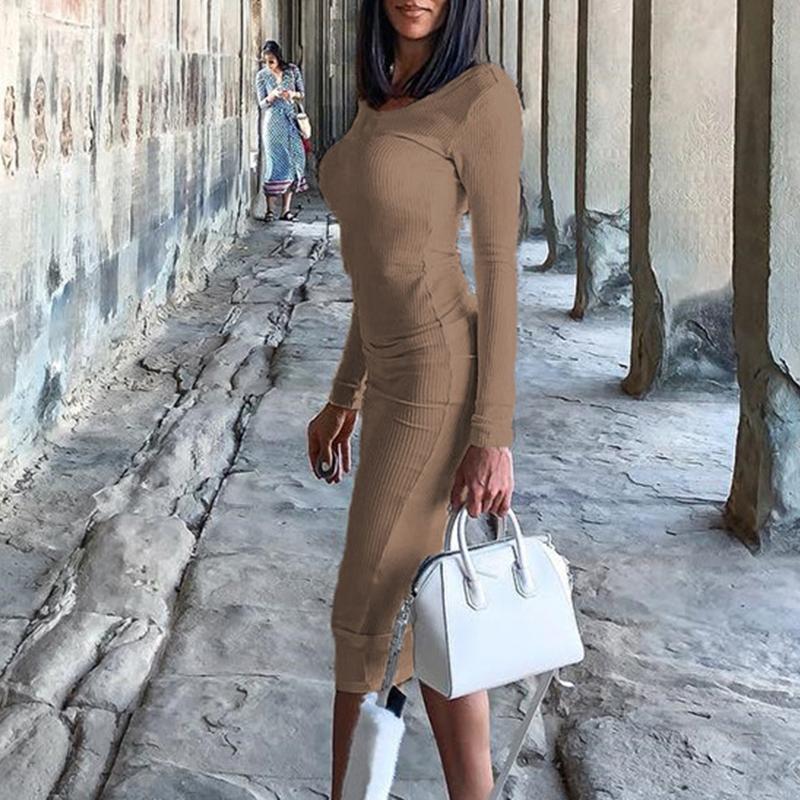 Khaki elegant backless knitted long dress Women long sleeve