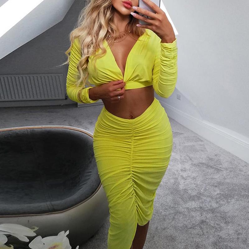 Yellow two-piece suit pleated long sleeve dress Women high