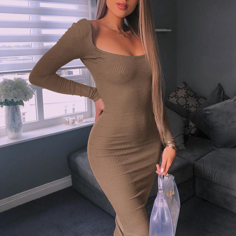 Khaki elegant backless knitted long dress Women long sleeve