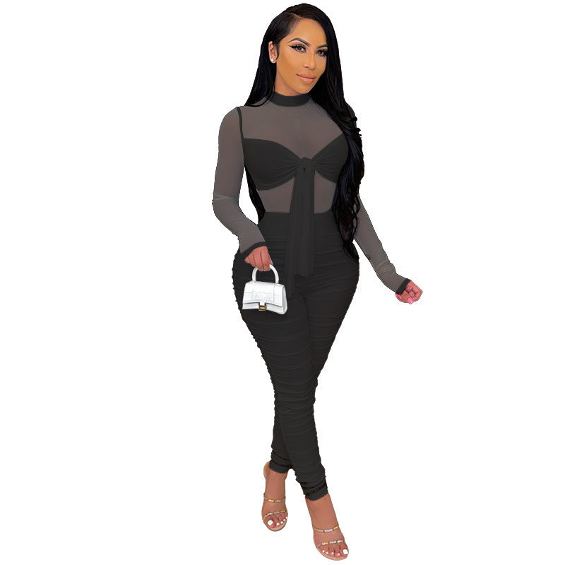 Long-sleeved Tight-fitting Lace-up High-stretch Sexy Nightclub Net Gauze Jumpsuit