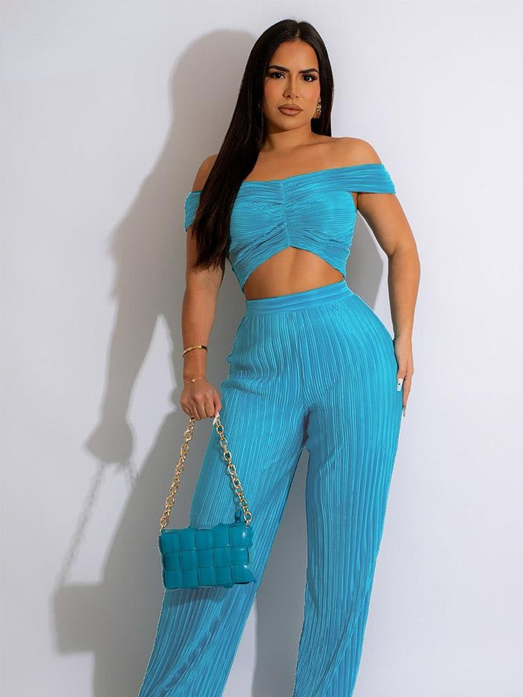 Sexy Off Shoulder Crop Top and Wide Leg Pants Set