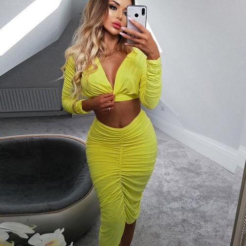 Yellow two-piece suit pleated long sleeve dress Women high