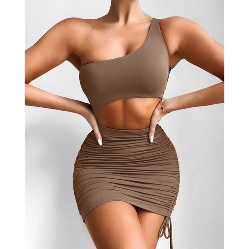 Women's Sexy One Shoulder Sleeveless Cutout Ruched Bodycon Dress