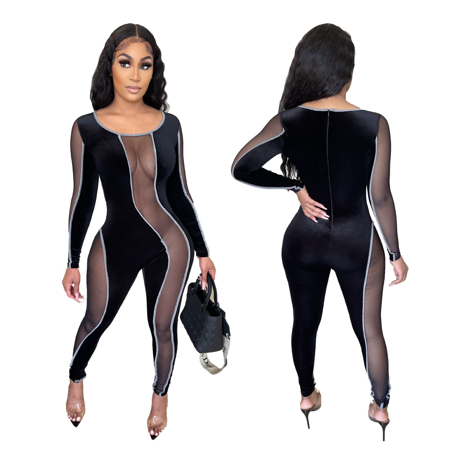 Women's Mesh Stitching Sexy Slim-fit Jumpsuit