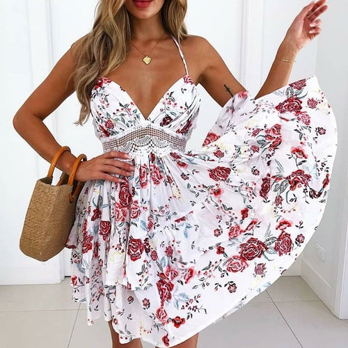 Women's V-Neck Spaghetti Strap Backless Floral Lace Mini Skater Dress