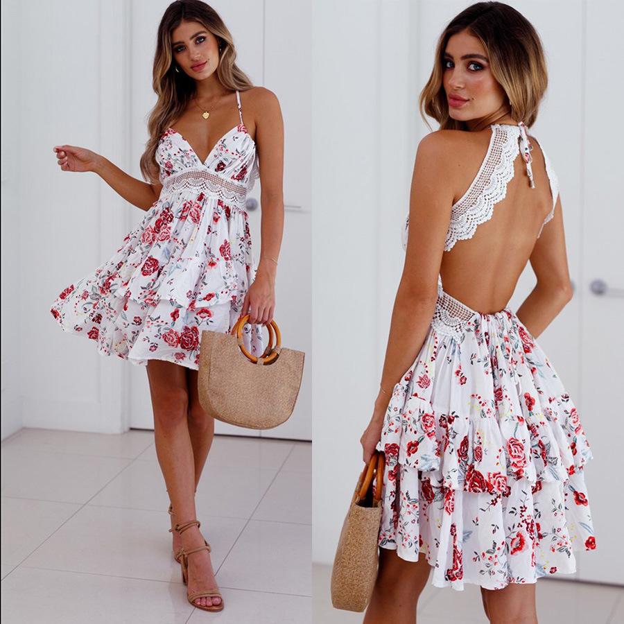 Women's V-Neck Spaghetti Strap Backless Floral Lace Mini Skater Dress