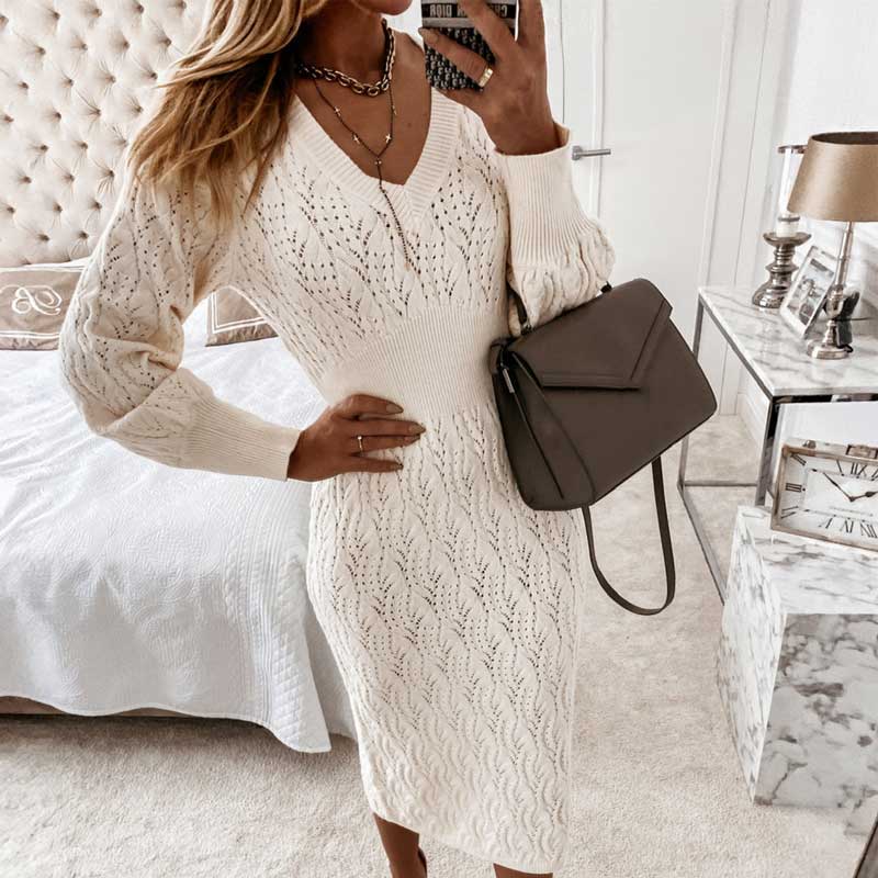 Long Sleeve V-neck Hollow Out Bodycon Dress