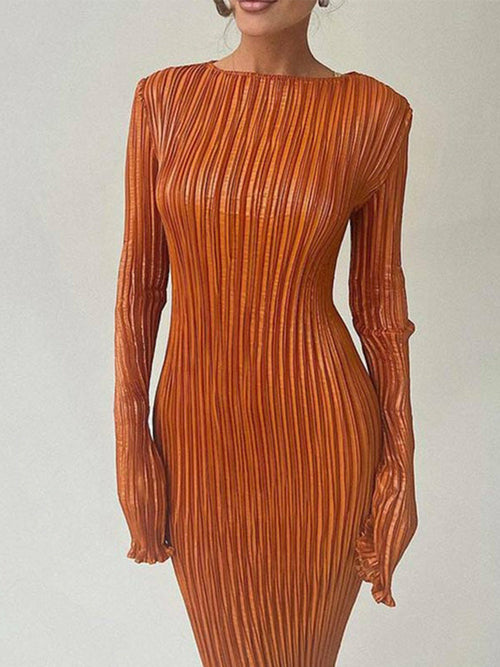 Pleated Dresses O-Neck Slim Long Sleeve Bodycon Midi Dress