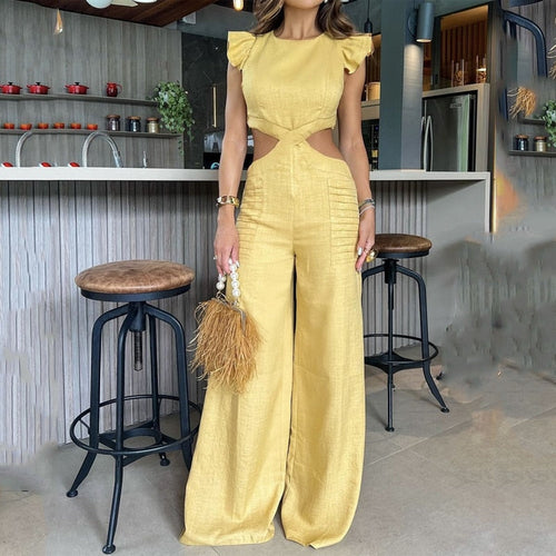 Hollow Out Open Waist Wide Legs Loose Long Pants Jumpsuit