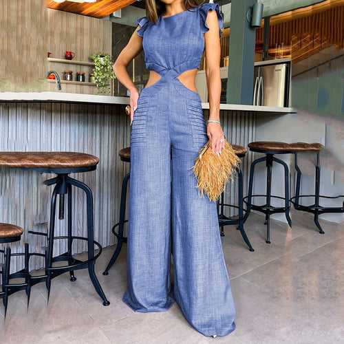 Hollow Out Open Waist Wide Legs Loose Long Pants Jumpsuit