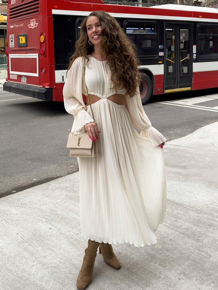 Beige Sexy Holiday Maxi Dress with Flare Sleeves for Summer and Spring