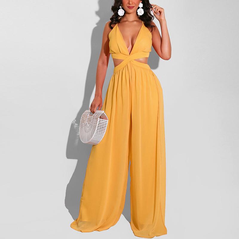 Sleeveless V Neck Chic Jumpsuit Elegant OL Wide Leg Pants Overalls