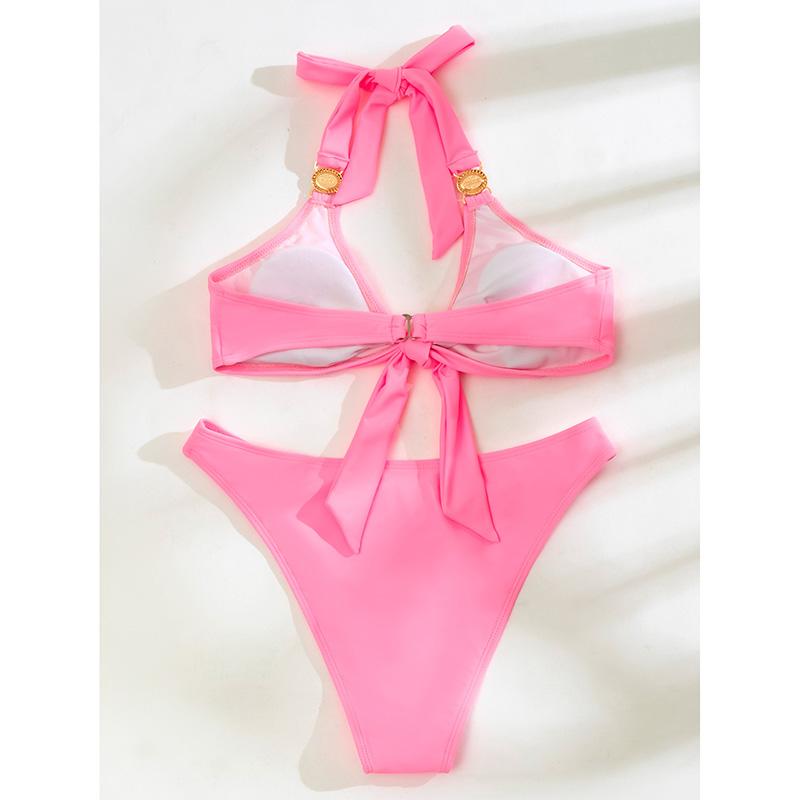 Halter Bikinis Push Up Women's Swimsuits High Cut Swimwear Sexy Pink
