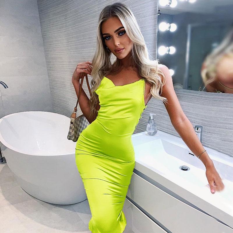 Neon Satin Lace Up Summer Women Bodycon Long Midi Dress