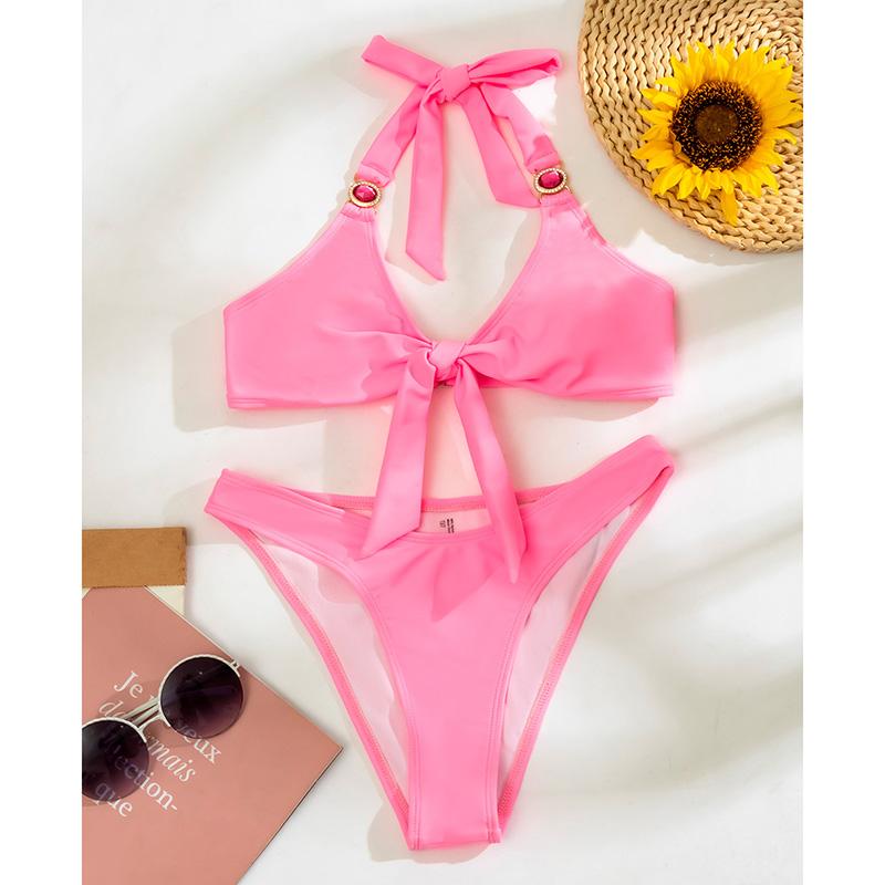 Halter Bikinis Push Up Women's Swimsuits High Cut Swimwear Sexy Pink