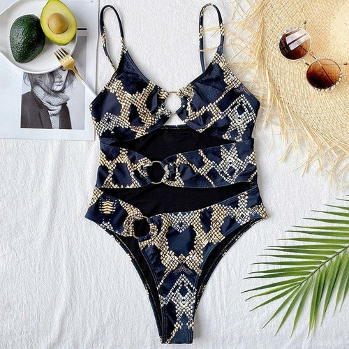 Cut Out One Piece Swimsuits High Cut Swimwear Women's Snake Bodysuits