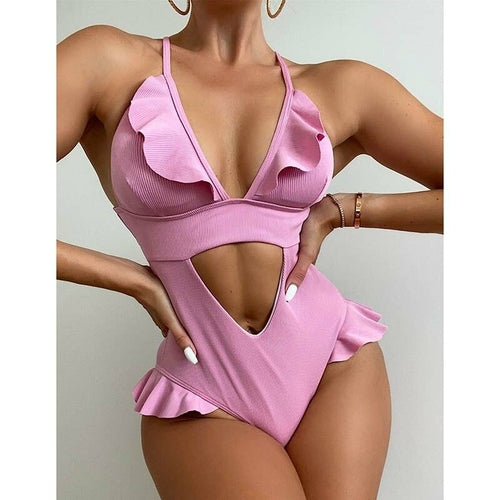 Ribbed One Piece Swimwear Ruffled Women's Swimsuits