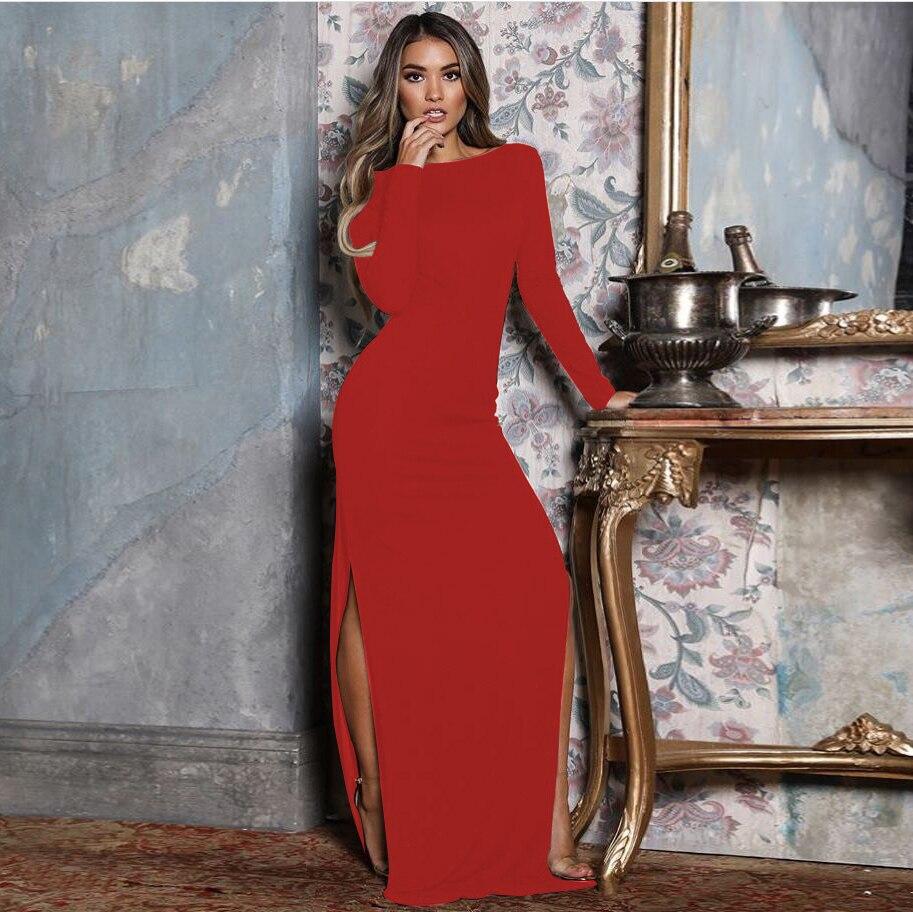 Autumn Maxi Dress Women Split Long Sleeve High Split Backless Dress