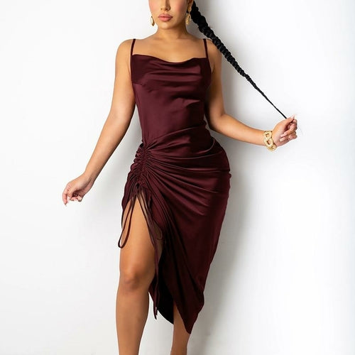 Ruched Satin Drawstring Spaghetti Straps Dress