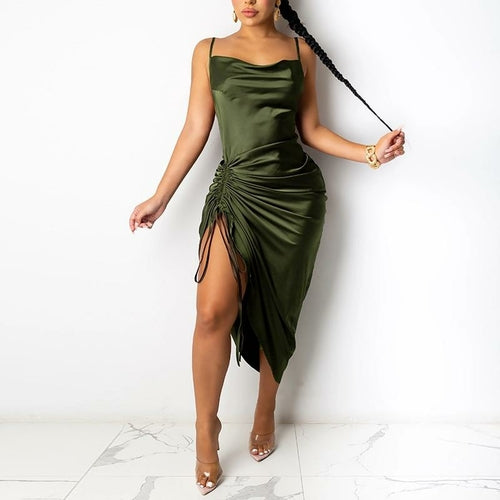 Ruched Satin Drawstring Spaghetti Straps Dress