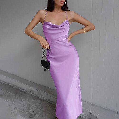 Women's Satin Dress Cowl Neck Irregular Hem Midi Dress