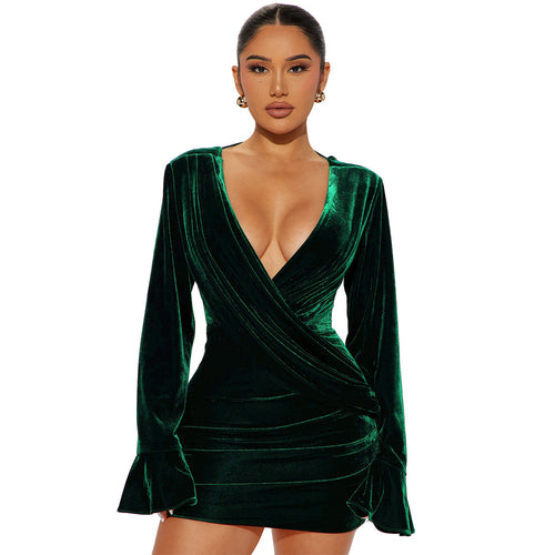 Women Clothing Velvet V Neck Backless Sexy Sheath Evening Dress Dress