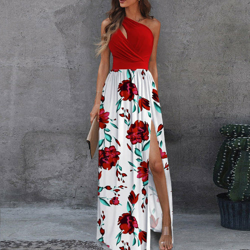  Printed Off-Shoulder High-Waisted Split Maxi Dress