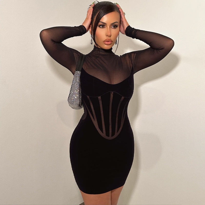 Solid Color Sheer Mesh Splice Bodycon Dress with High Waist