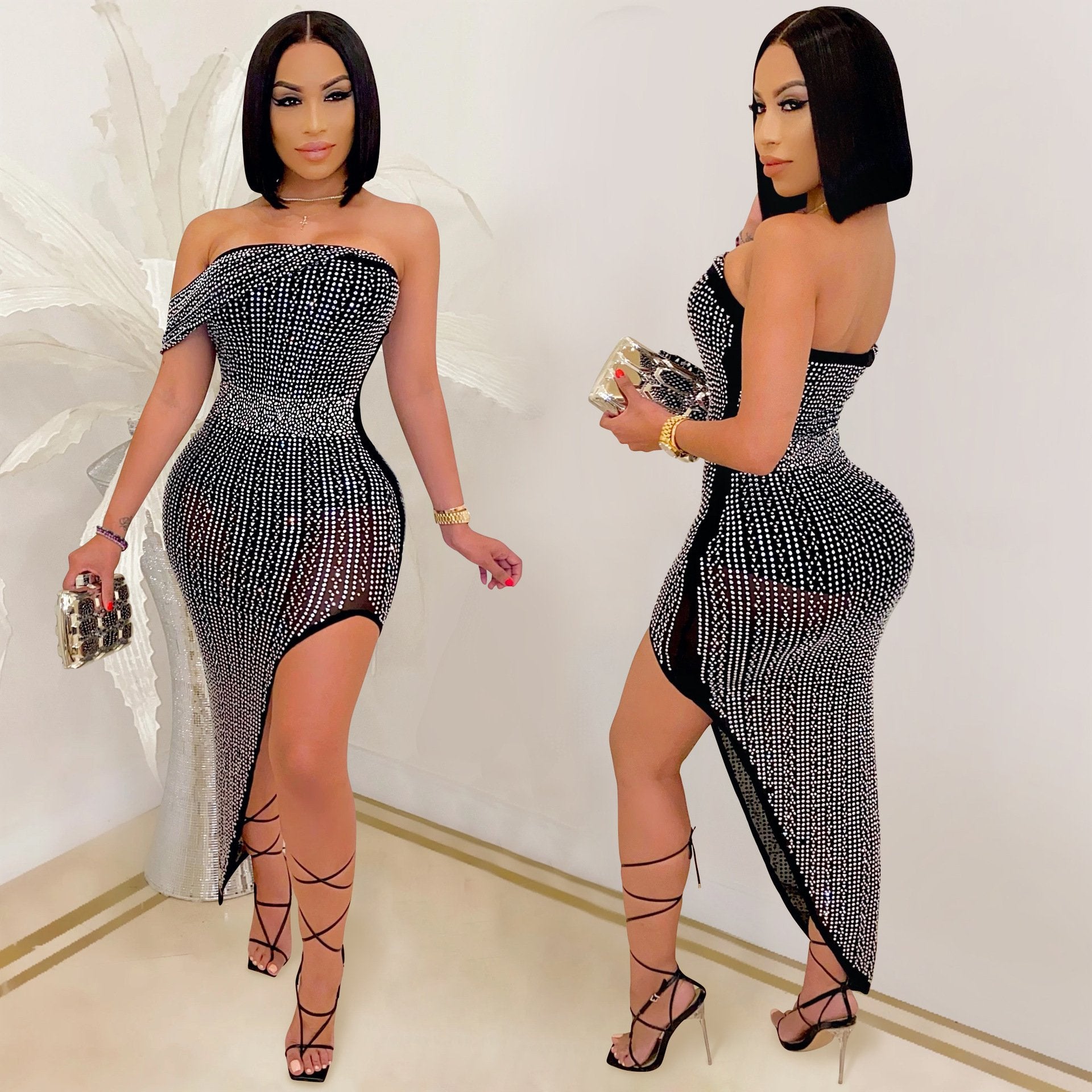 Women Sexy Spaghetti Strap Mesh See Through Rhinestone Bodycon Party