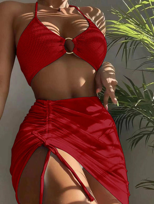 Ring Linked 3 Pieces Bikini With Drawstring Skirt Sexy Textured