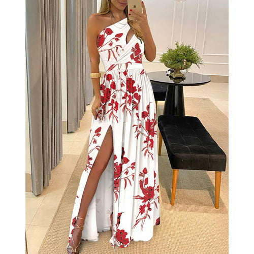  Printed Off-Shoulder High-Waisted Split Maxi Dress