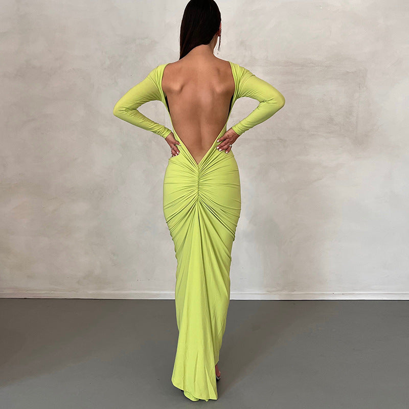 Solid Color Sexy Backless Pleated Maxi Dress