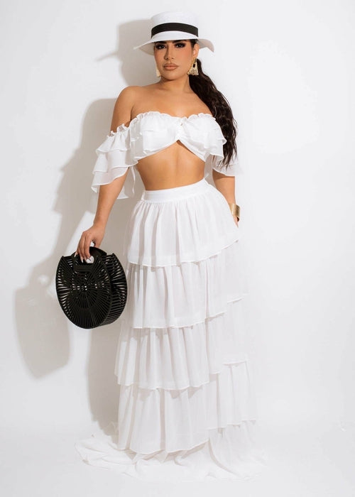 Two Piece Ruffles Dress Suits Off Shoulder Tube Top & Sweet Maxi Skirt