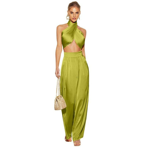 Women's  Sleeveless Crop Top Wide Pants Set 2 Piece Outfits Jumpsuits